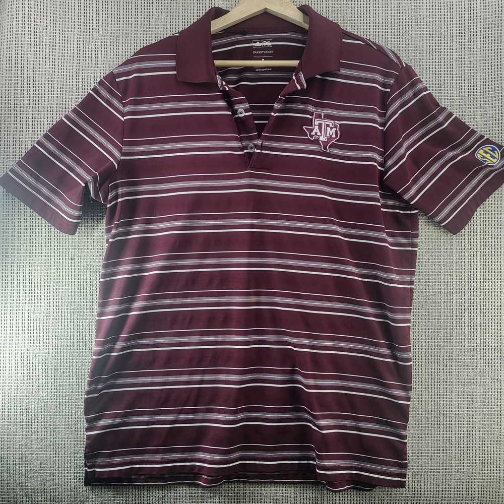 Texas A&M Aggies Shirt Mens Medium Maroon Striped NCAA Golf Adidas Puremotion